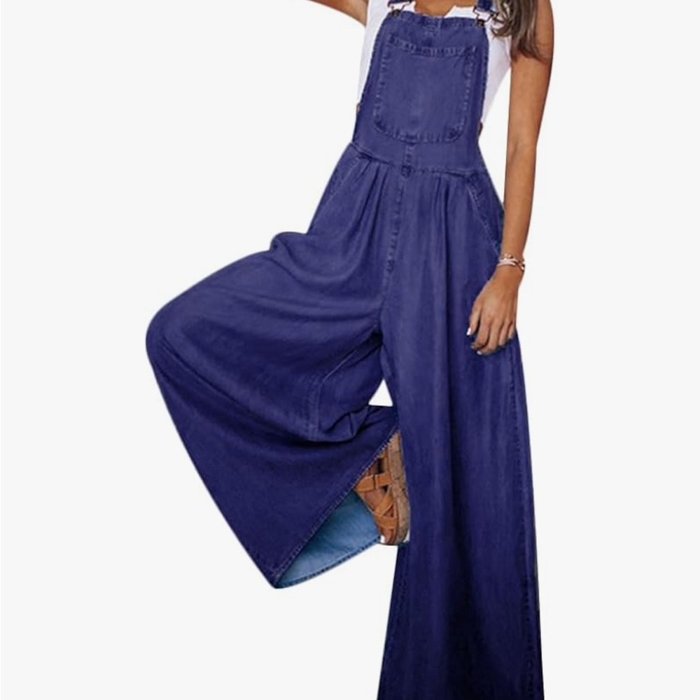 Women's Blue Denim wide leg pleated Overalls M/L